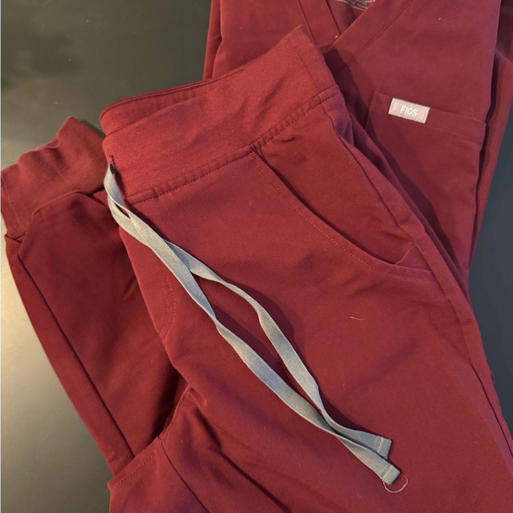 Figs Burgundy Track Pants with Gray Drawstring
